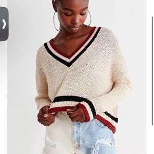 Urban Outfitters V-Neck Cream Sweater with Black Accents